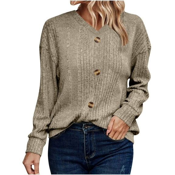 qucoqpe Women's Casual Button Up Knitted Sweaters Tops Cozy Long Sleeve V-neck Pullover Blouse