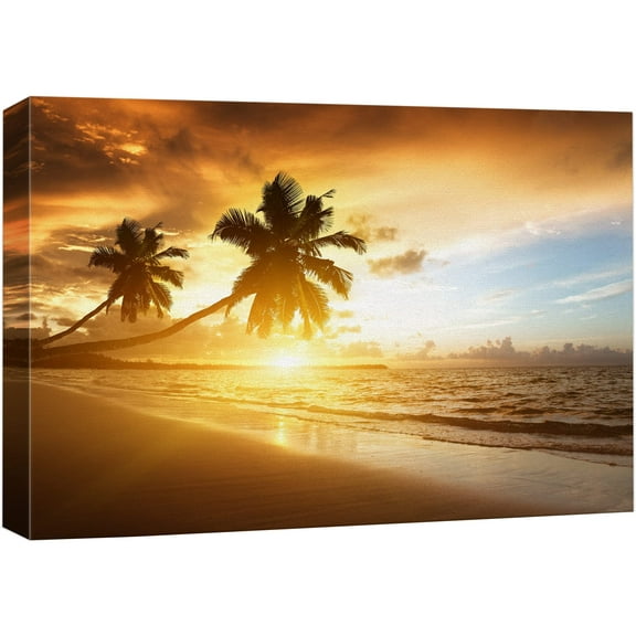 wall26 Canvas Print Wall Art Palm Tree Duo with Sunset Beach Horizon Nature Wilderness Photography Modern Art Rustic Scenic Colorful Multicolor for Living Room, Bedroom, Office - 32"x48"