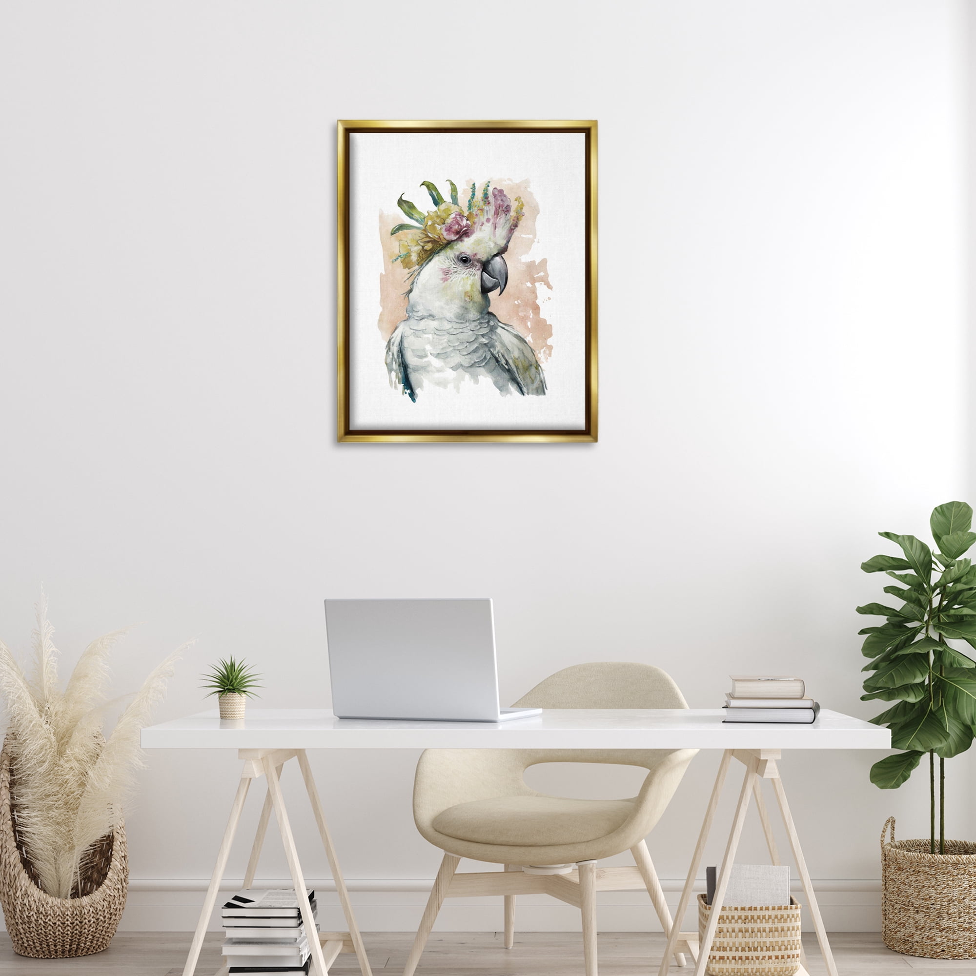 Stupell Industries Cockatiel with Pink Flower Animals Painting Gold Floater Framed Canvas Art Print Wall Art, 25 x 31