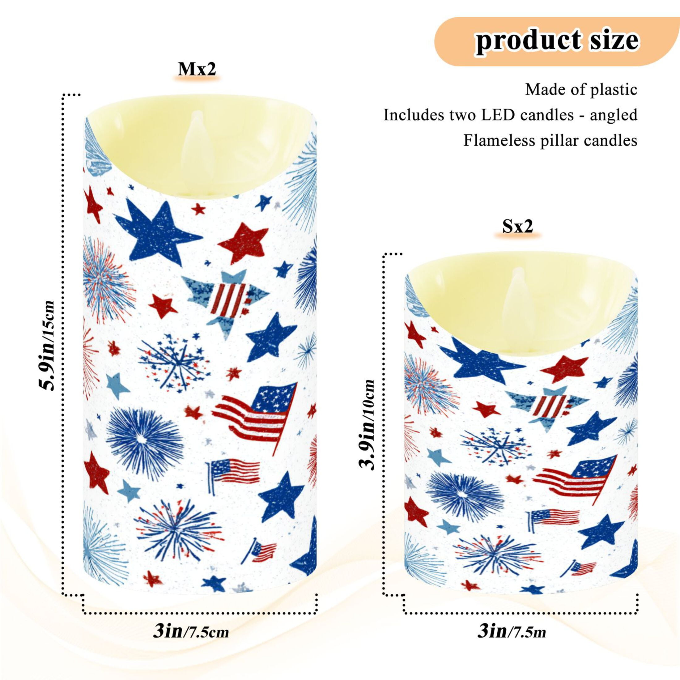 2 PCS Tilted Flameless Candles Flickering LED Lights Battery Operated Candles with Remote Timers for Holiday Decor Fireworks and Flag
