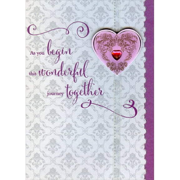 Designer Greetings Wonderful Journey: Pink Gem Heart over White Ribbon 3D Hand Decorated Designer Boutique Keepsake Wedding Congratulations Card