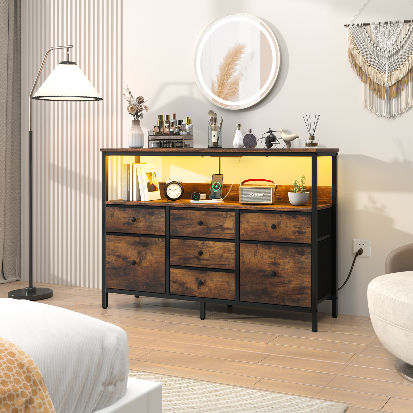 7 Drawer Fabric Dresser Storage Chest with Wood Top, Wide Dresser TV Stand for Bedroom,Living Room, Hallway, Entryway, Brown