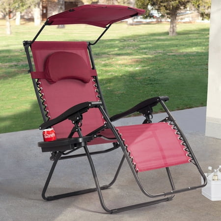 Gymax Folding Recliner Zero Gravity Lounge Chair W/ Shade Canopy Cup Holder Wine