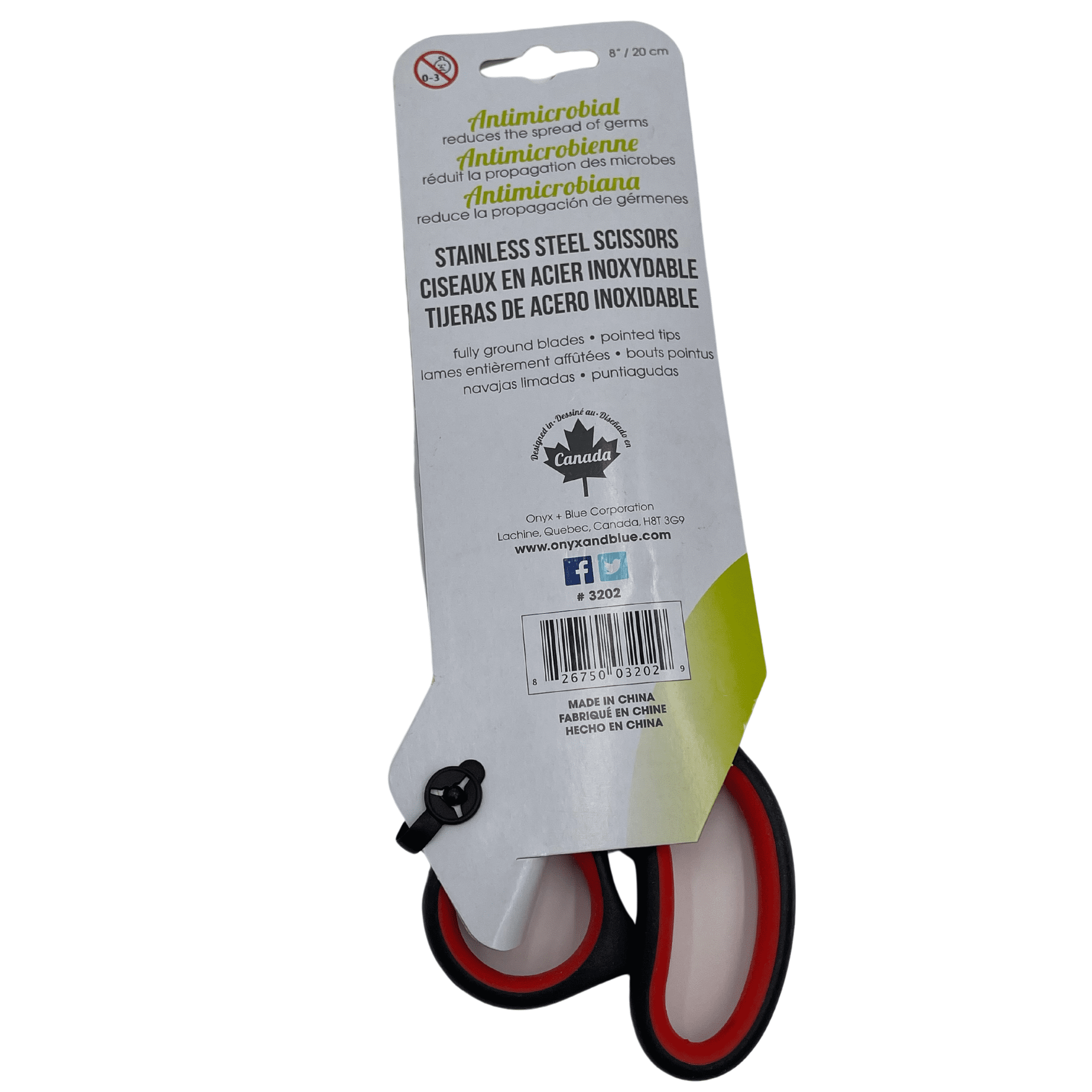 ONYX AND GREEN 3202 - SCISSORS, COMFORTGRIP, 8’’/20CM, POINTED TIP ANTI-MICROBIAL RECYCLED PLASTIC HANDLES PACKAGING: RECYCLED CARTON “TRY ME” CARD, SOY-BASED INK