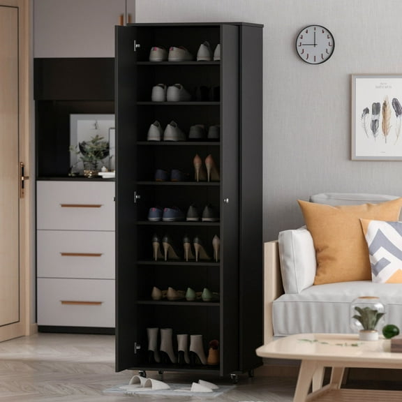 KULAGAGA 2-Door Tall Shoes Storage Cabinet with Wheels, Modern 8-Tier Wood Shoe Rack Storage Organizer for Entryway Hallway Blcak