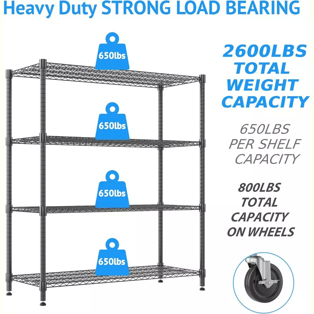 Sailvan 4-Tier Heavy Duty Wire Shelving Unit with Wheels, 48"W x 24"D x 72"H Metal Storage Rack, 3250LBS Capacity, Adjustable Garage Shelves,Black