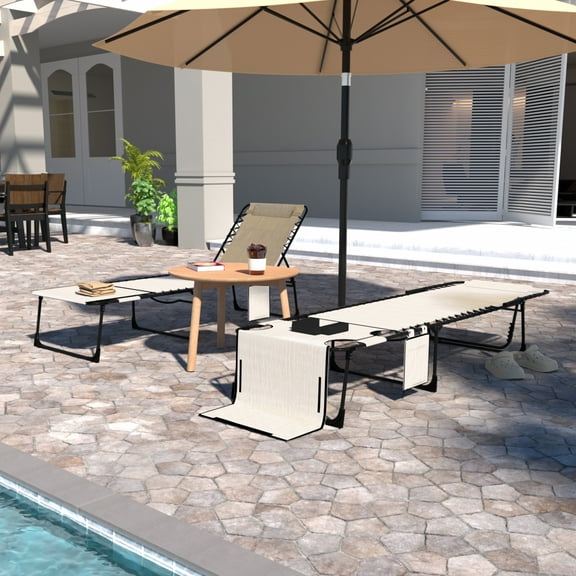 VEIKOUS 2 PCs Portable Tanning Chair, 5-Position Adjustable Sunbath Lounge Chair w/Face & Arm Hole, Pillow & Pocket, Cream White