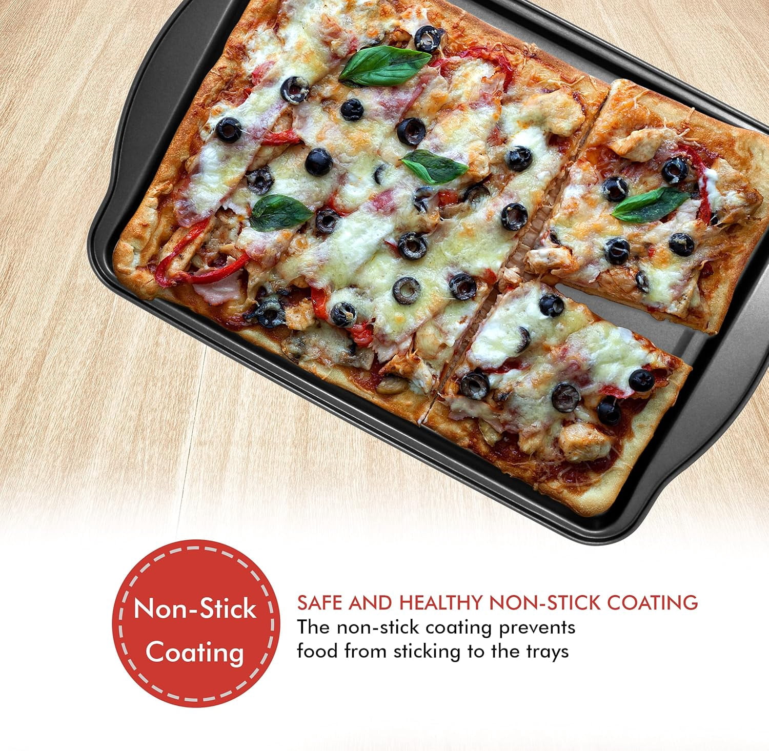 Perlli 3-Piece Cookie Sheet Oven Tray Set with Gray Handles for Non Stick Baking (Small, Medium, Large Trays)