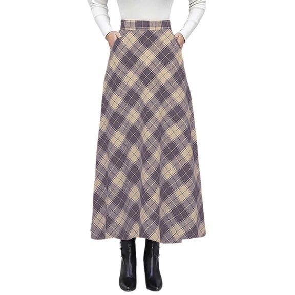 Fall Winter Women's Tartan Skirts Plus Size High Waisted A Line Swing Skirts Fashion Loose Pleated Plaid Skirt with Pockets Khaki L