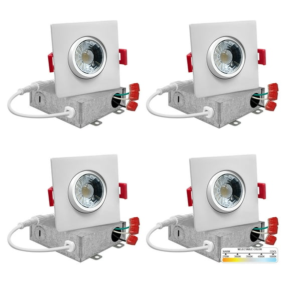 NuWatt 3" Square Trim Gimbal Canless Recessed Downlight, 5CCT Selectable, Adjustable Lens, ETL 4 PK