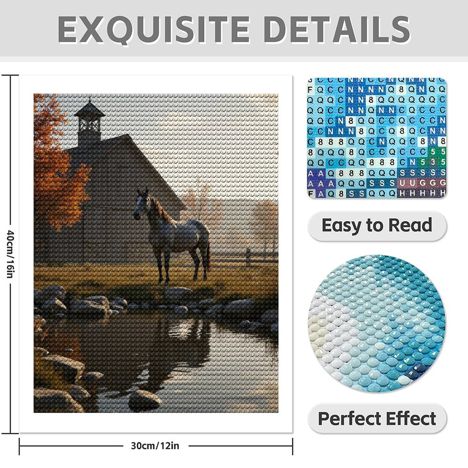 Diamond Art Kit for Adults, Autumn Horse Farm Reflection Scene Diamond Painting for Adults Beginners, 5D DIY Diamond Art Painting Kits, Colorful Diamond Painting Craft for Home Decor 12x16