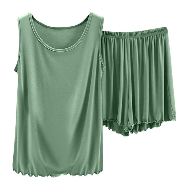 MeetoTime Pyjama pour Femmes Ensemble Extensible Ample Couleur Unie Haut Sans Manches Short Taille Élastique Ensemble Deux Pièces