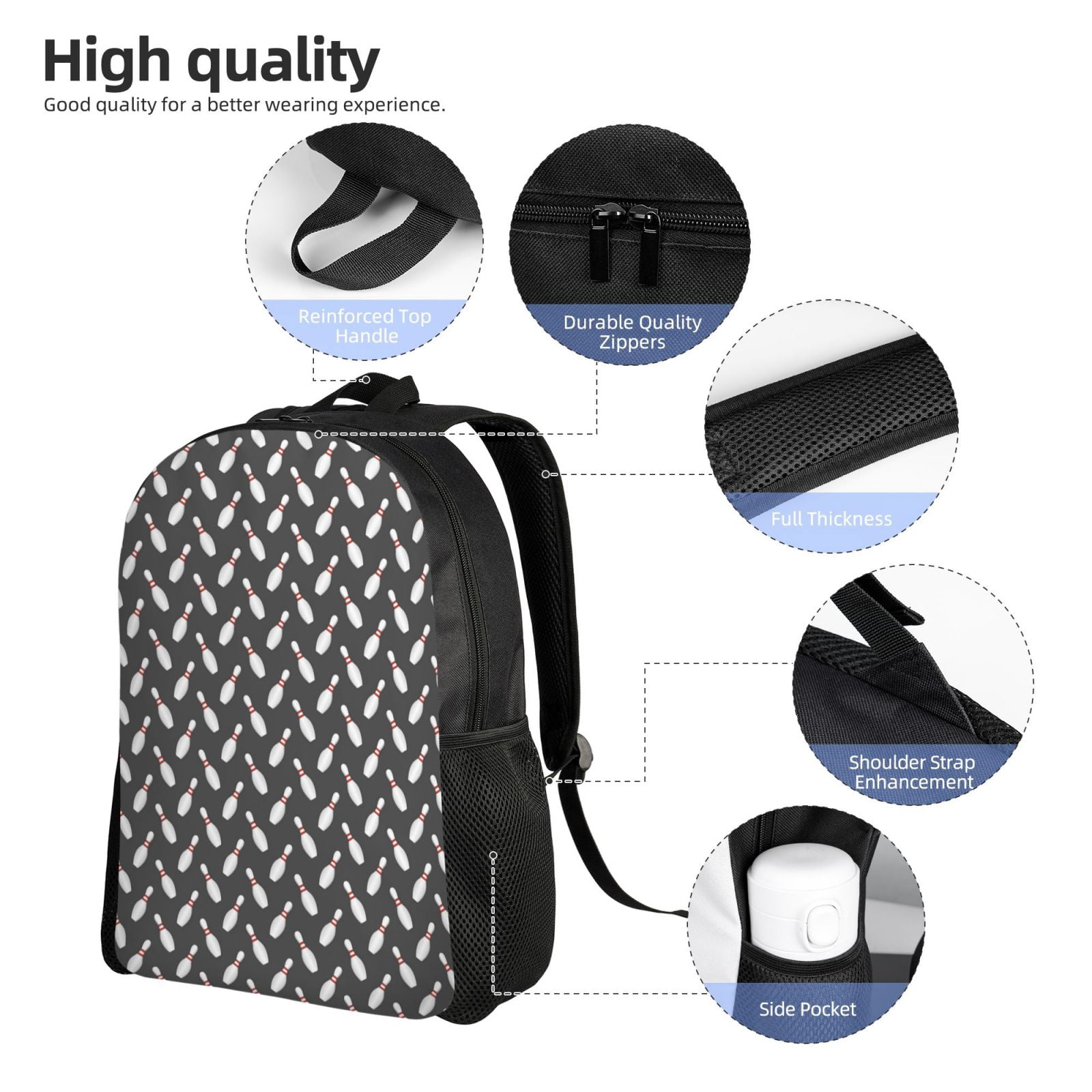 Defioc Bowling Pins Print Backpack -Travel,or Work Bookbag Daypacks with 15-Inch Laptop Sleeve and Dual Water Bottle Pockets