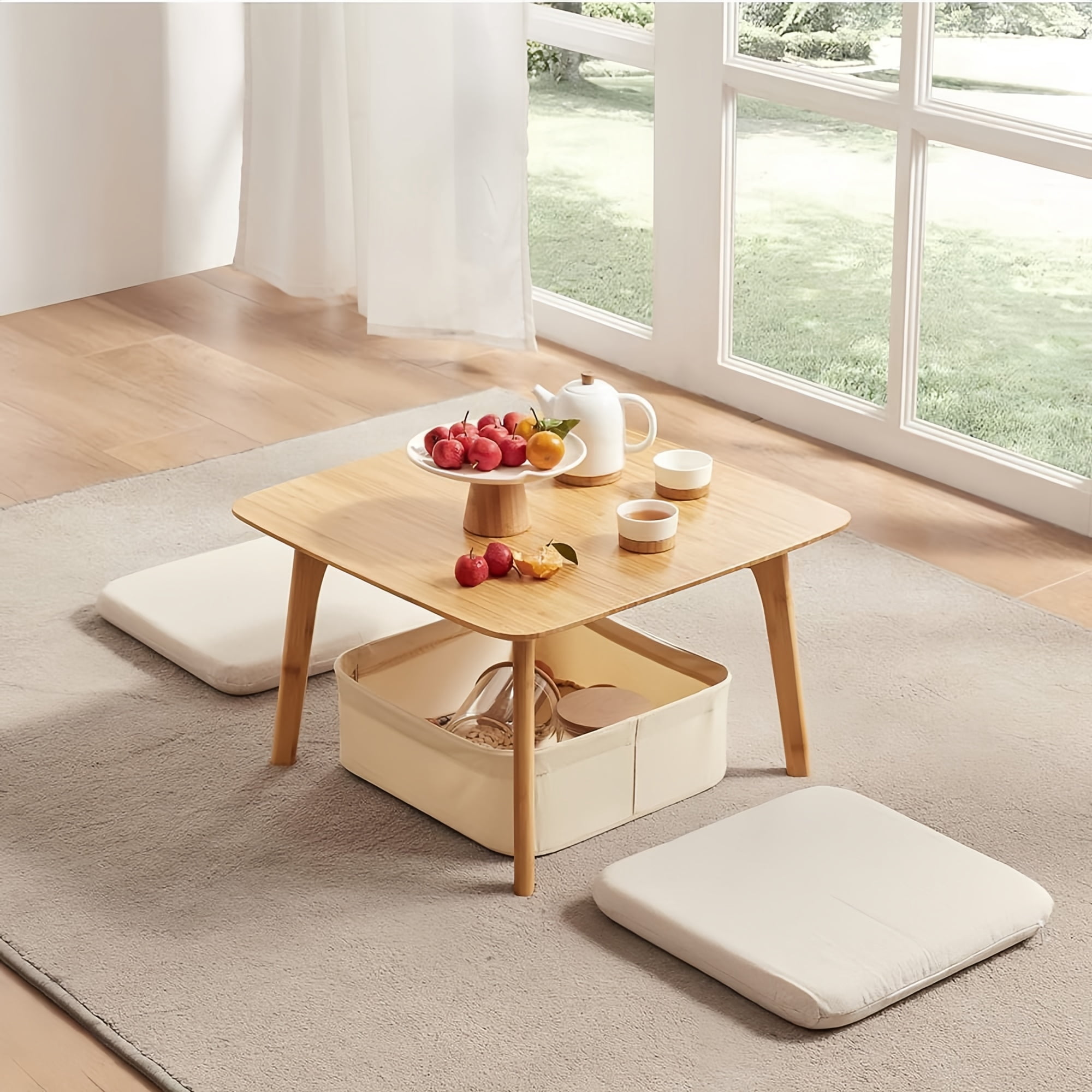 Square Tatami Bamboo Coffee Table for Living Room, Bedroom - Low Tea Table for Floor Sitting, Small Drawing Reading Studying Floor Furniture, Home Sofa Side Accent