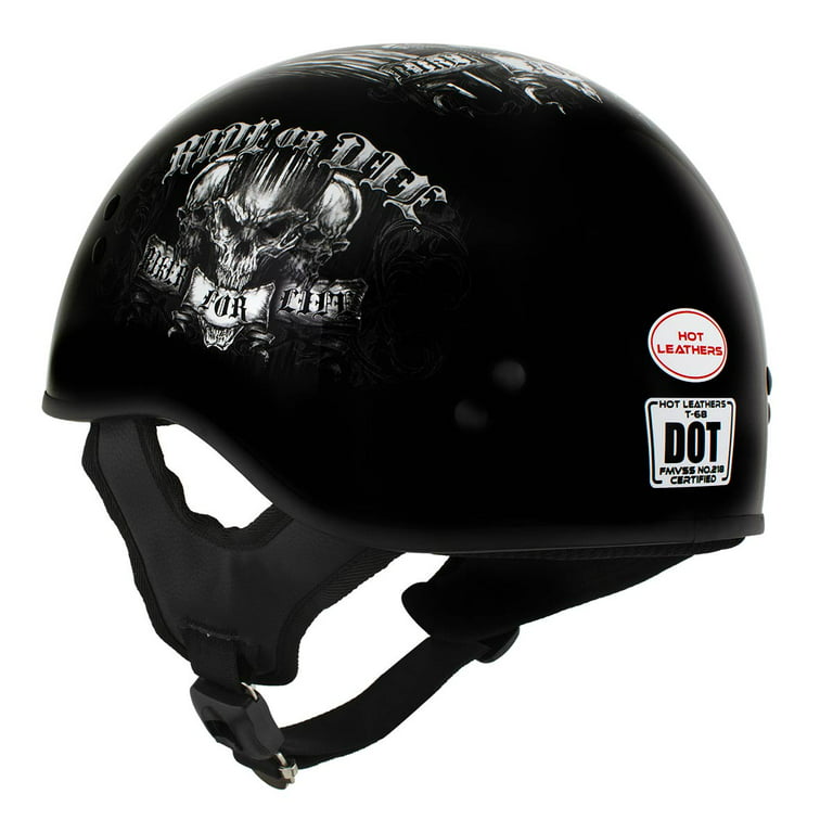 Hot Leathers HLD1016 'Ride or Die' Gloss Black Motorcycle DOT Skull Cap  Half Helmet for Men and Women Biker Medium 