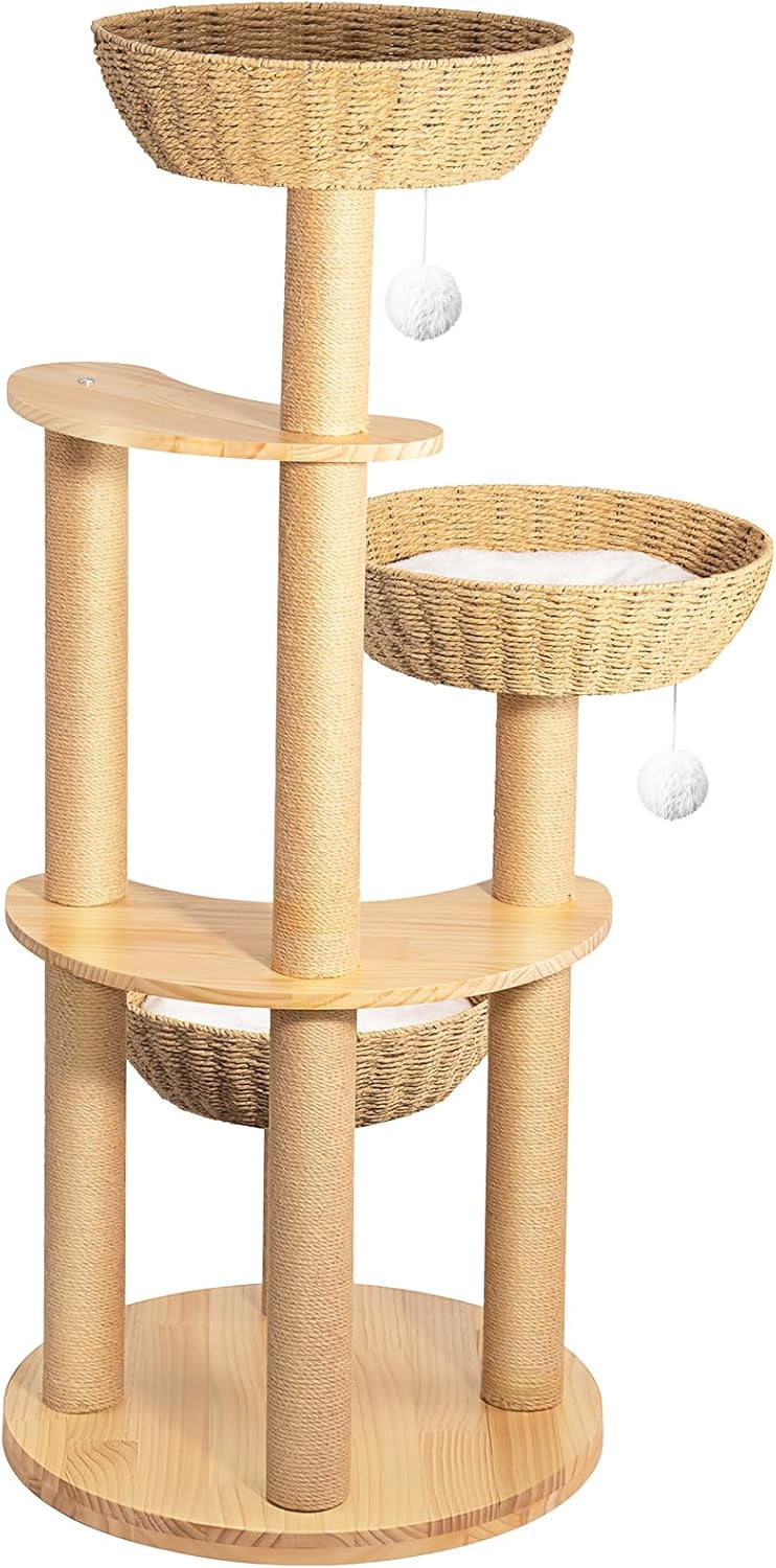 SHZOND Multi-Level Cat Tree Tower, 52" Oak Wood Cat Tree for Large Cats with 3 Weaving Cat Nests, Morden Cat Condo with 8 Scratching Posts for Indoor Cats, Cats Furniture Activity Center