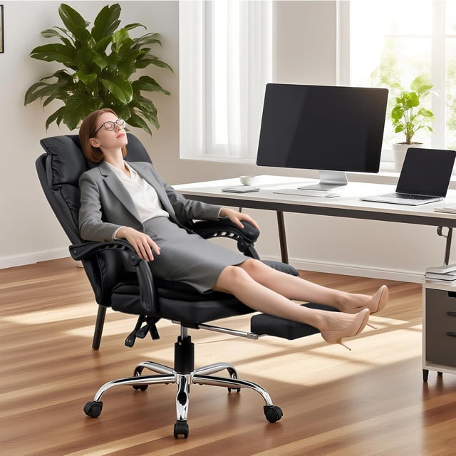 Historyli Silla de escritorio de oficina, reposacabezas ajustable y soporte lumbar, reposabrazos reversibles, cómoda silla de computadora con ruedas para estudio y lugar de trabajo, PU negro