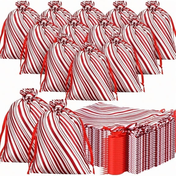 100 Pcs Christmas Satin Gift Bags with Drawstring Candy Cane Bags Christmas Mini Glitter Stripes Treat Bag Reusable Gift Wrapping Sack for Xmas Holiday Party Favor 6 x 8 InchWhite and Red