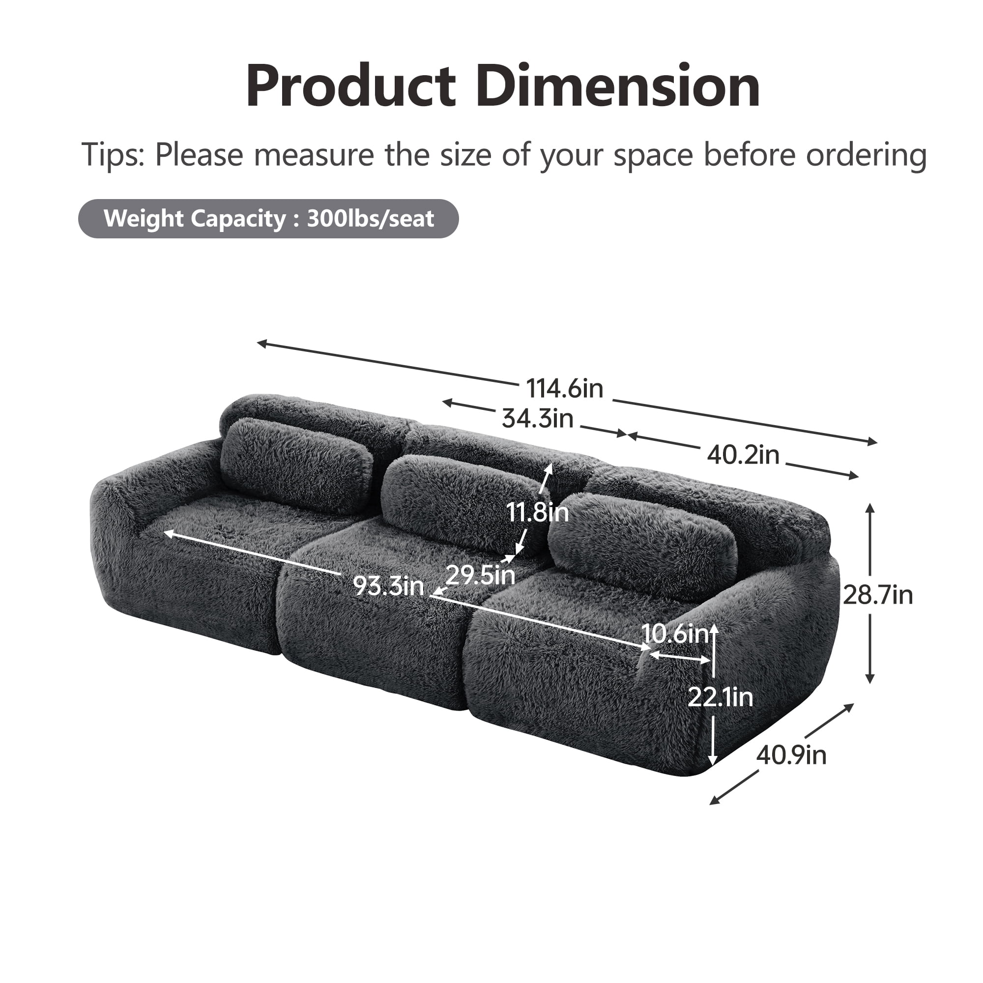 Aukfa 115" Faux Fur Modular Sectional Sofa, 3-Seater Deep Seat Boneless Couch for Living Room, Gray