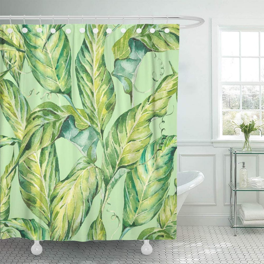 KSADK Natural Leaves Exotic Watercolor Green Tropical Dense Jungle Hand Botanical Shower Curtain