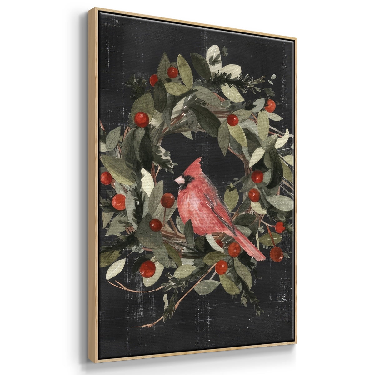 Christmas Cardinal I - Framed Gallery Wrapped Holiday Canvas - 25 x 37 - Natural Wood Frame