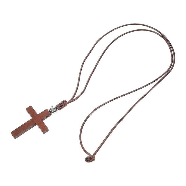 Handwoven Wooden Cross Necklace with Lucky Bead Design – Light Brown Crucifix Cord for Men and Women – Religious Pendant for Baptism, First