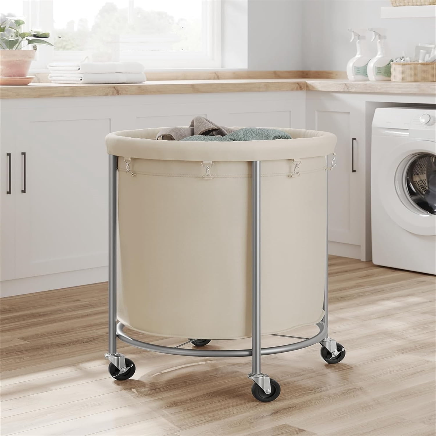 50.2-Gallon (190 L) Laundry Basket with Wheels, Rolling Round Heavy-Duty Laundry Hamper Cart with Steel Frame and Removable Bag, 2 Locking Wheels, Cream White and Metallic Silver