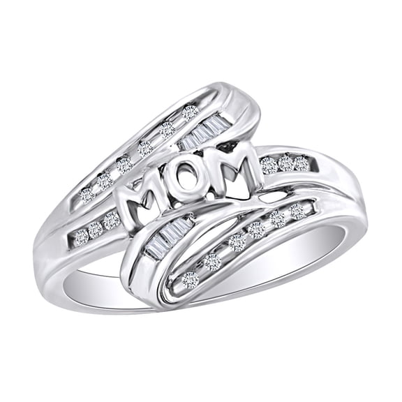 AFFY Mother's Day Jewelry Gift Round & Baguette Cut White Natural Diamond Bypass Mom Ring In 14k White Gold Over Sterling Silver Ring Size-5