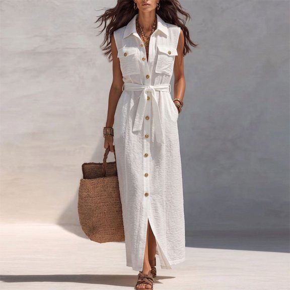 Morttic Women's Elegant Solid Color Lapel Sleeveless Belted Front Button with Pockets Split Hem Vacation Shirt Maxi Dress Ivory White,S