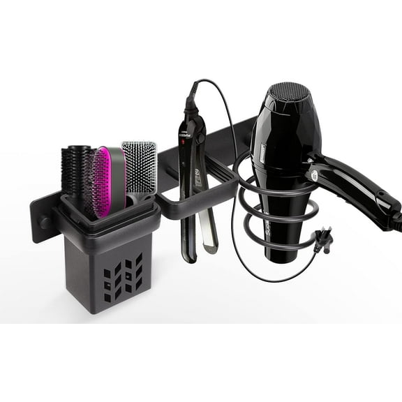 Hair Dryer Holder, Hairdryer Station Accessories Wall Mounted, Straightener Holder, Bathroom Hair Styling Care Tool Organizer, Multi-Functional Space Storage Bracket with Plug Hook & Cups Black