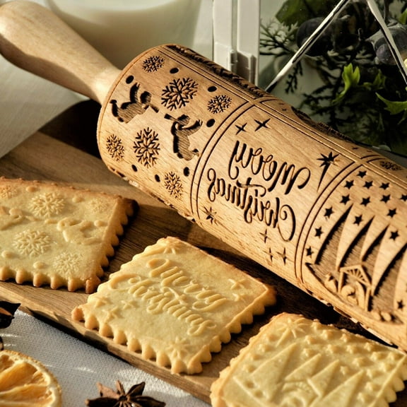 Christmas Wooden Rolling Pin for Baking Engraved Embossing Rolling Pin Cookie Stamps Roller Square Grid Cookies Mold Kitchen Decor Tools for Baking Embossed Cookies 1PC
