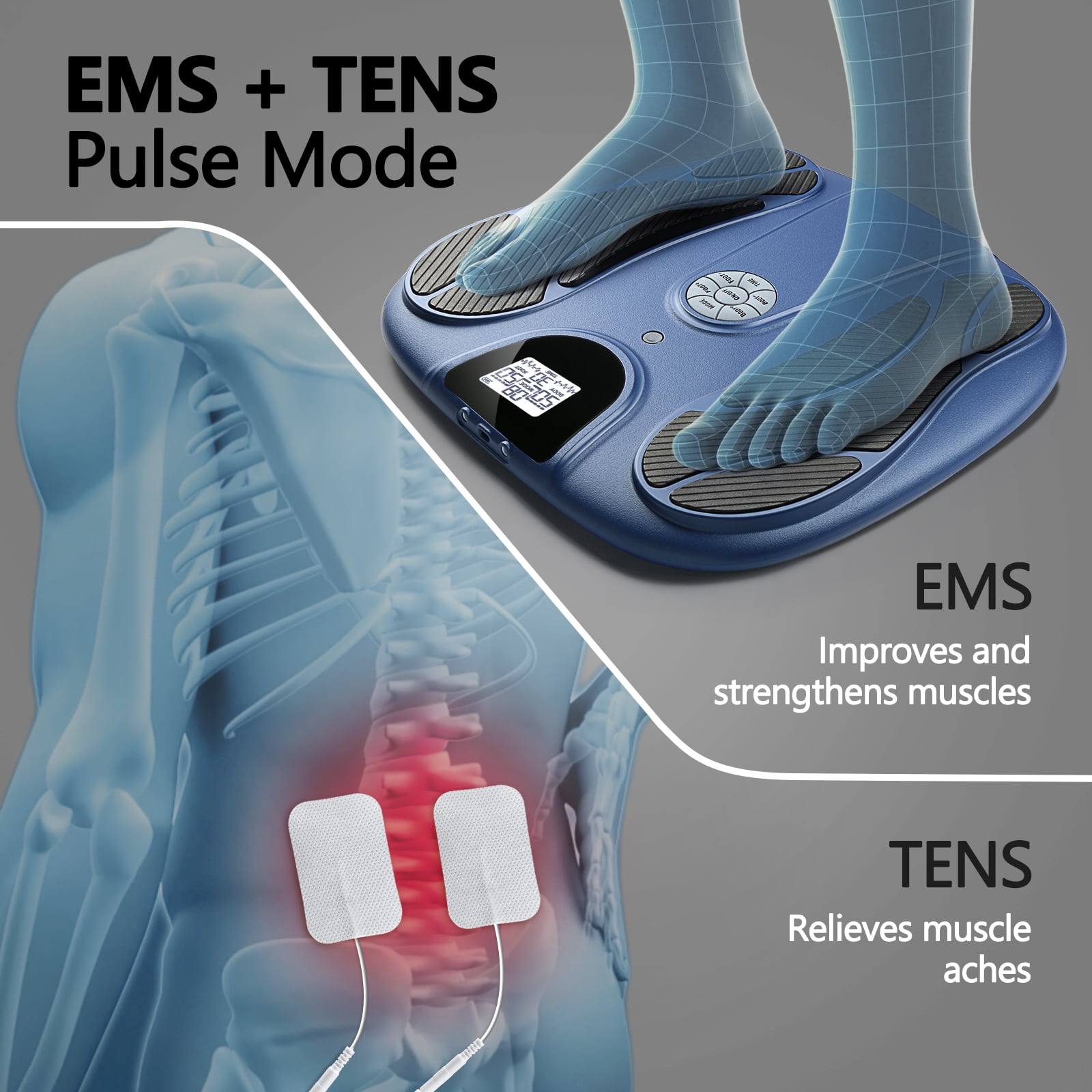 OSITO Rechargeable EMS Foot Massager for Neuropathy, TENS Foot Massager with 8 Reusable Electrode Pads, Foot Massager for Circulation and Pain Relief, 15 Modes 99 Intensities (Blue)