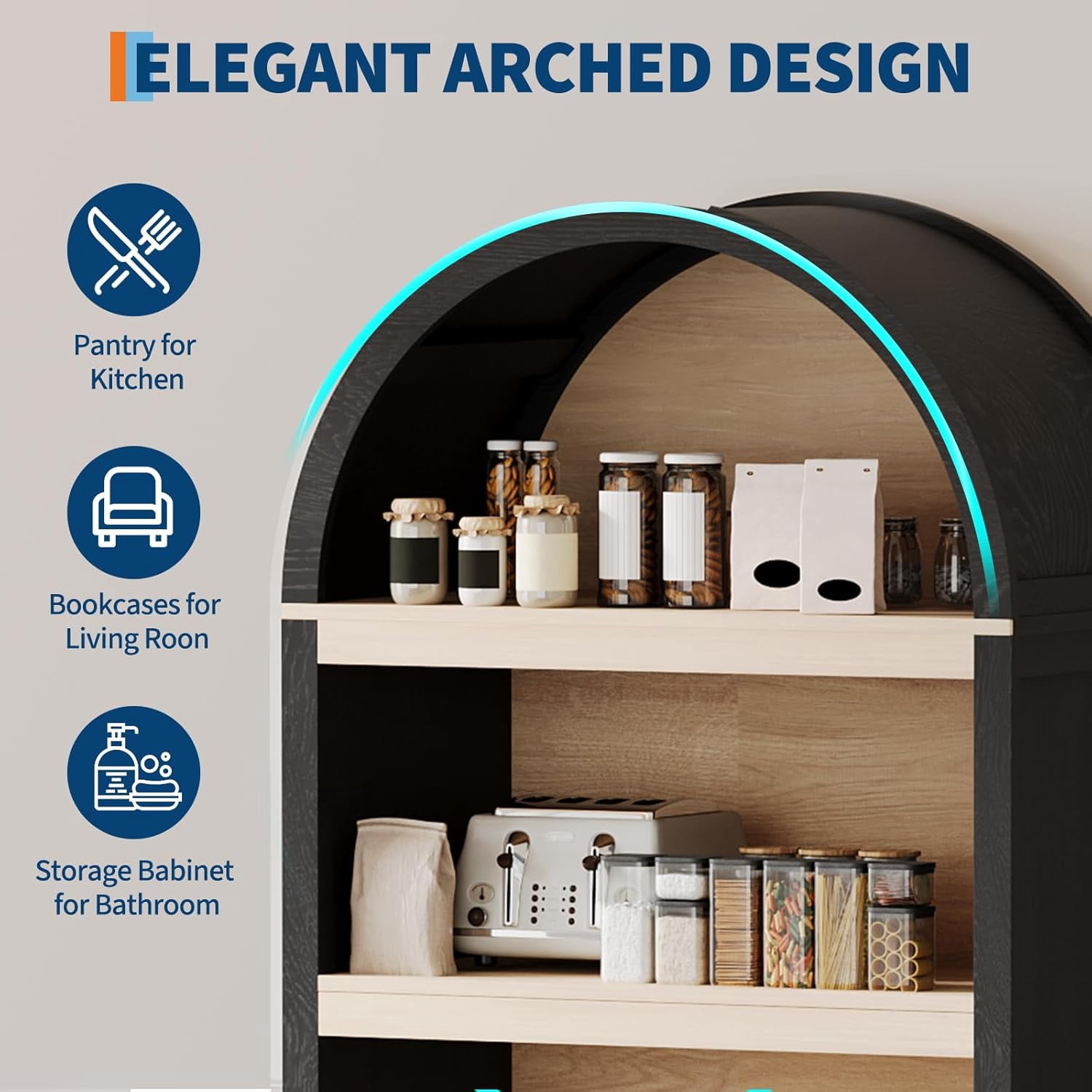 TROPOW 71" Tall Bookshelf Arched Cabinet with Storage, Mid-Century Bookcase Modern Wooden Kitchen Pantry Display Storage Cabinet with Open Adjustable Shelves for Living Room Home Office