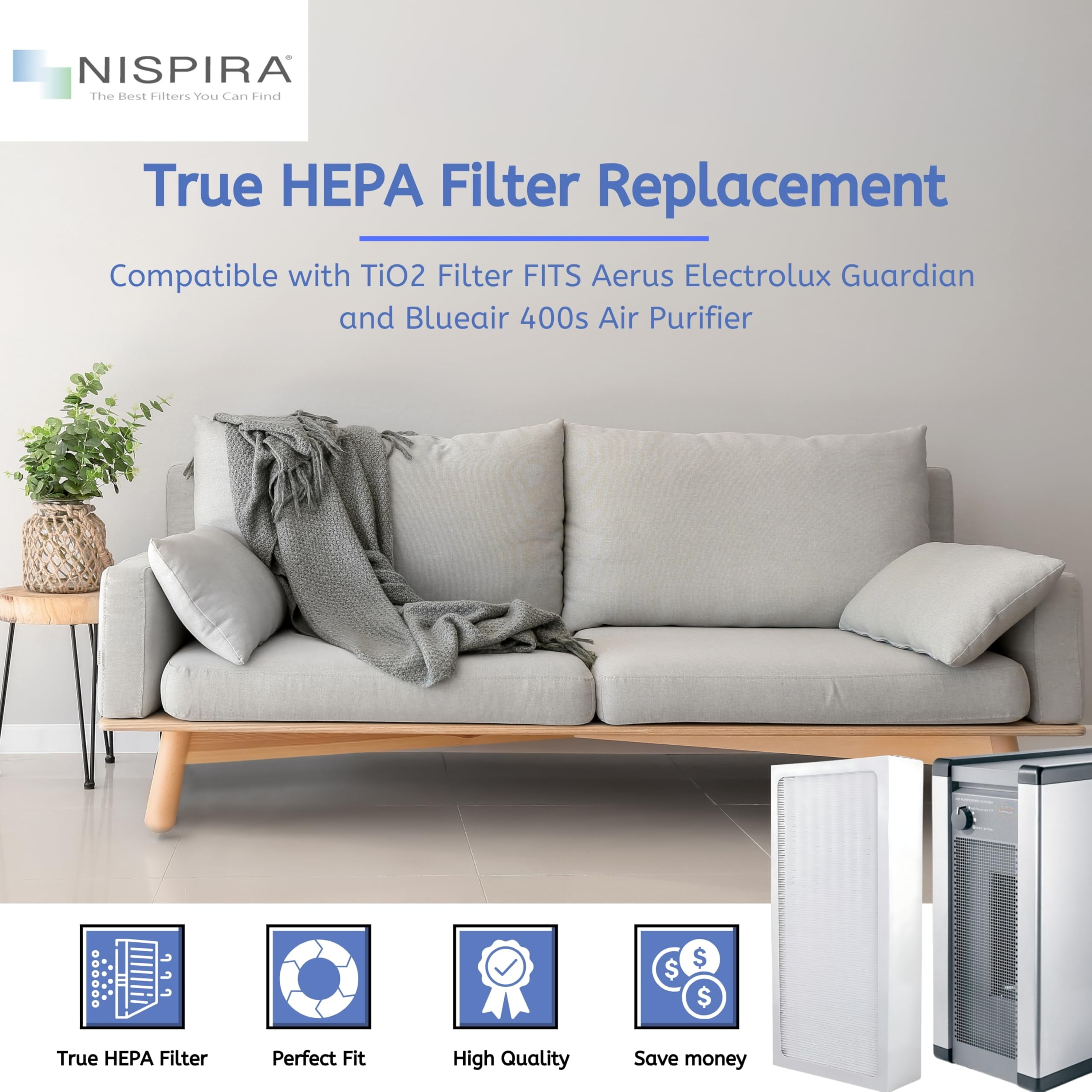 Nispira TiO2 Replacement Filter Compatible with Aerus Electrolux Lux Guardian, Beyond Guardian,  Blueair 400 series Air Purifier, 2 Packs