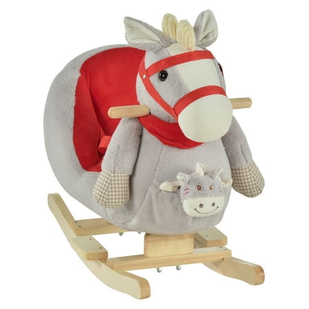 Kids Ride-On Rocking Horse Toy, Rocker with Lullaby Song, Hand Puppets & Soft Plush Fabric for Children 18-36 Months, Gray