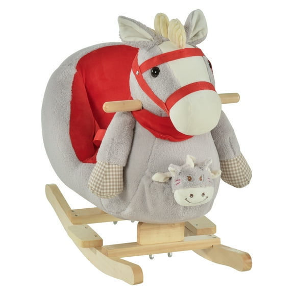 Kids Ride-On Rocking Horse Toy, Rocker with Lullaby Song, Hand Puppets & Soft Plush Fabric for Children 18-36 Months, Gray