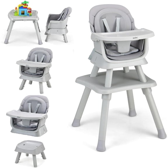 INFANS 8 in 1 Baby High Chair, Convertible Highchair for Babies and Toddlers, Infant Dining Booster Seat, Building Block Table, Kids Stool Table Chair Set with Removable Tray (Grey)