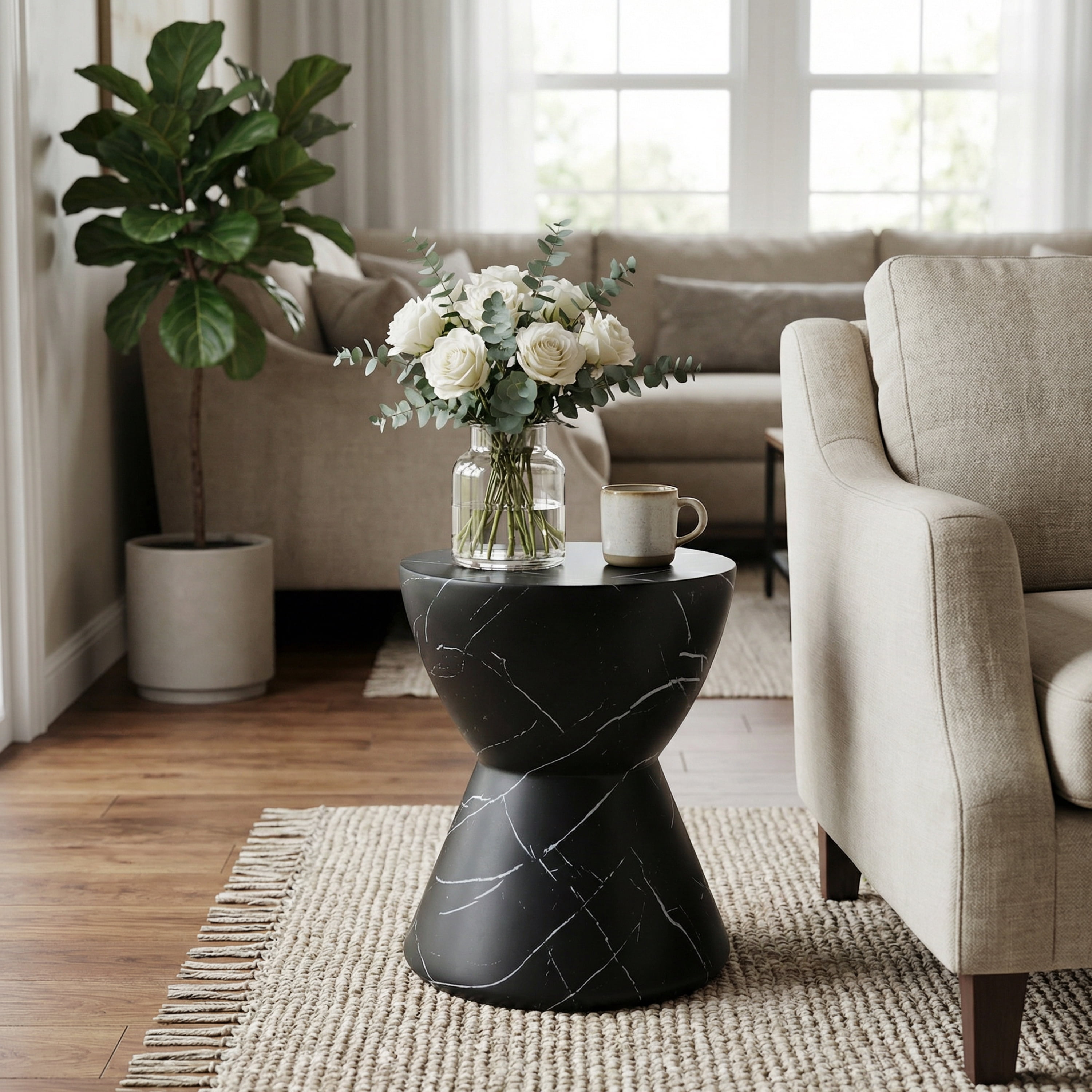Side End Table, Outdoor Lightweight Concrete Table for Patio Balcony Garden, Black Marble
