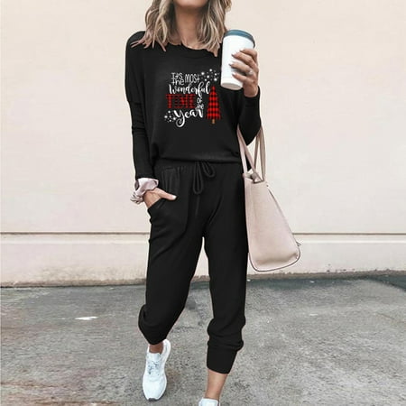 

Pxiakgy Women s Casual Home Pajamas Suit Merry Christmas Tree Letter Print Long-Sleeved Round Neck Trouser Suit Women Casual Set christmas gifts Black L
