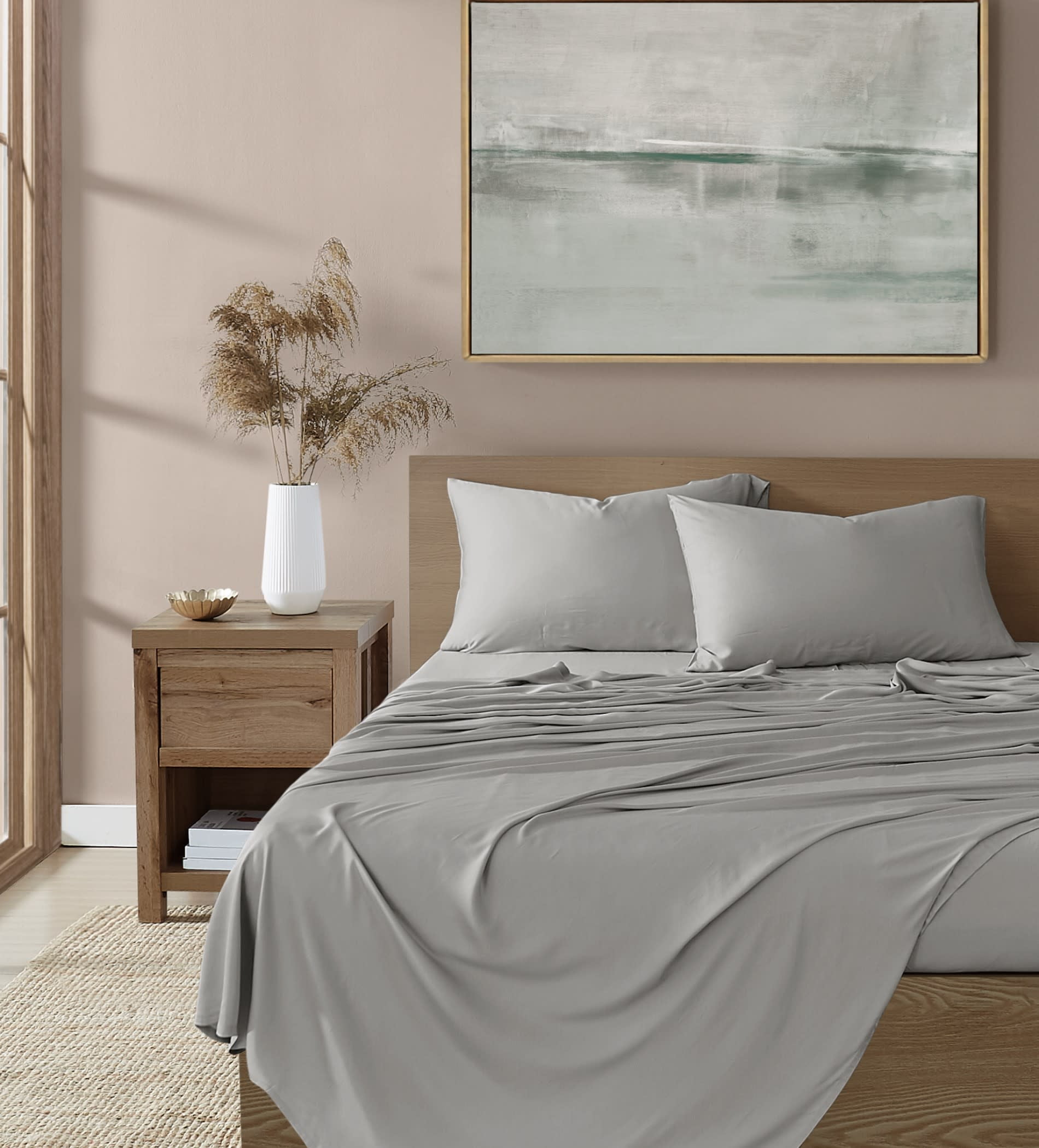 Brooklyn Loom 300 Thread Count Sateen 100% Rayon from Bamboo Deep Pocket 4 Piece King Sheet Set in Grey, All Season, Adult Size, OEKO-TEX Certified