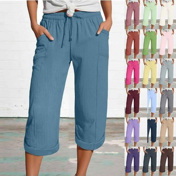 Straight Leg Casual Pants for Women Solid Color Comfortable Loose Sports Pants Summer Fashion 3/4 Long Length Trousers Pants with Pockets