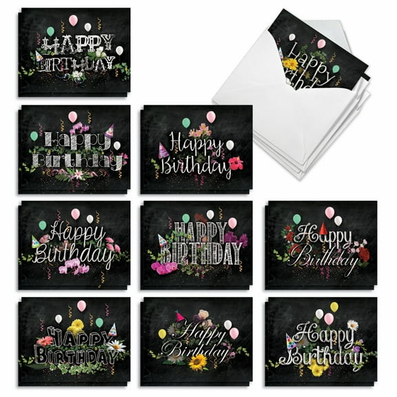 10 Happy Birthday Note Cards Pack (4 x 5.12 Inch) - CHALK AND ROSES