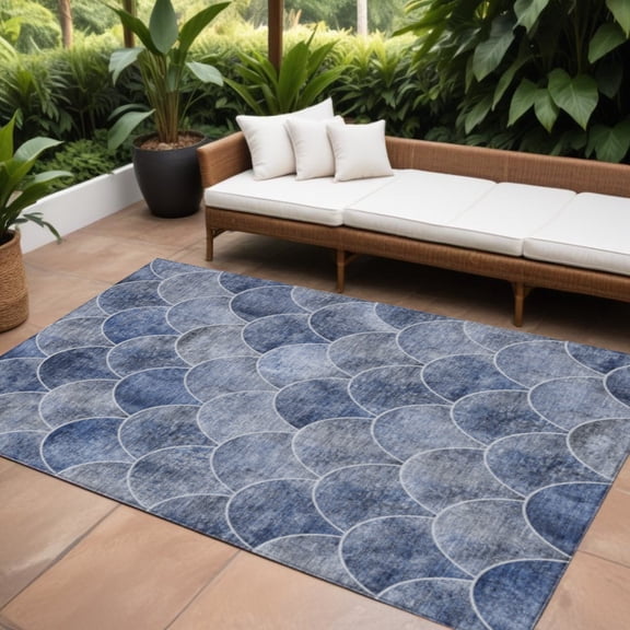 8' X 10' Denim Blue And Gray Abstract Washable Indoor Outdoor Area Rug
