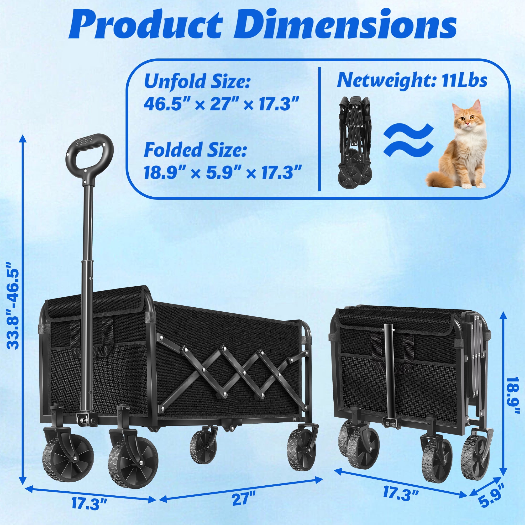 Kovryx Collapsible Wagon Cart Foldable, 360lbs Heavy Duty Folding Wagon with All-Terrain Wheels, Portable Beach Camping Shopping Garden Cart, Black