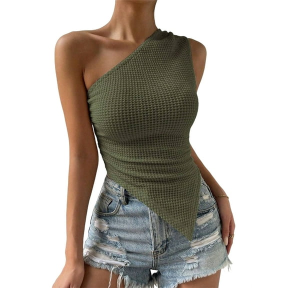 Women'S One Shoulder Tank Ruched Textured Asymmetrical Sleeveless Shirt Going Out Tops Green S