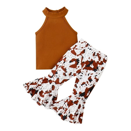 

BSDHBS Girls Summer Clothes Toddler Girls Sleeveless Ribbed Tops Vest Floral Leopard Prints Bell Bottoms Pants Outfits