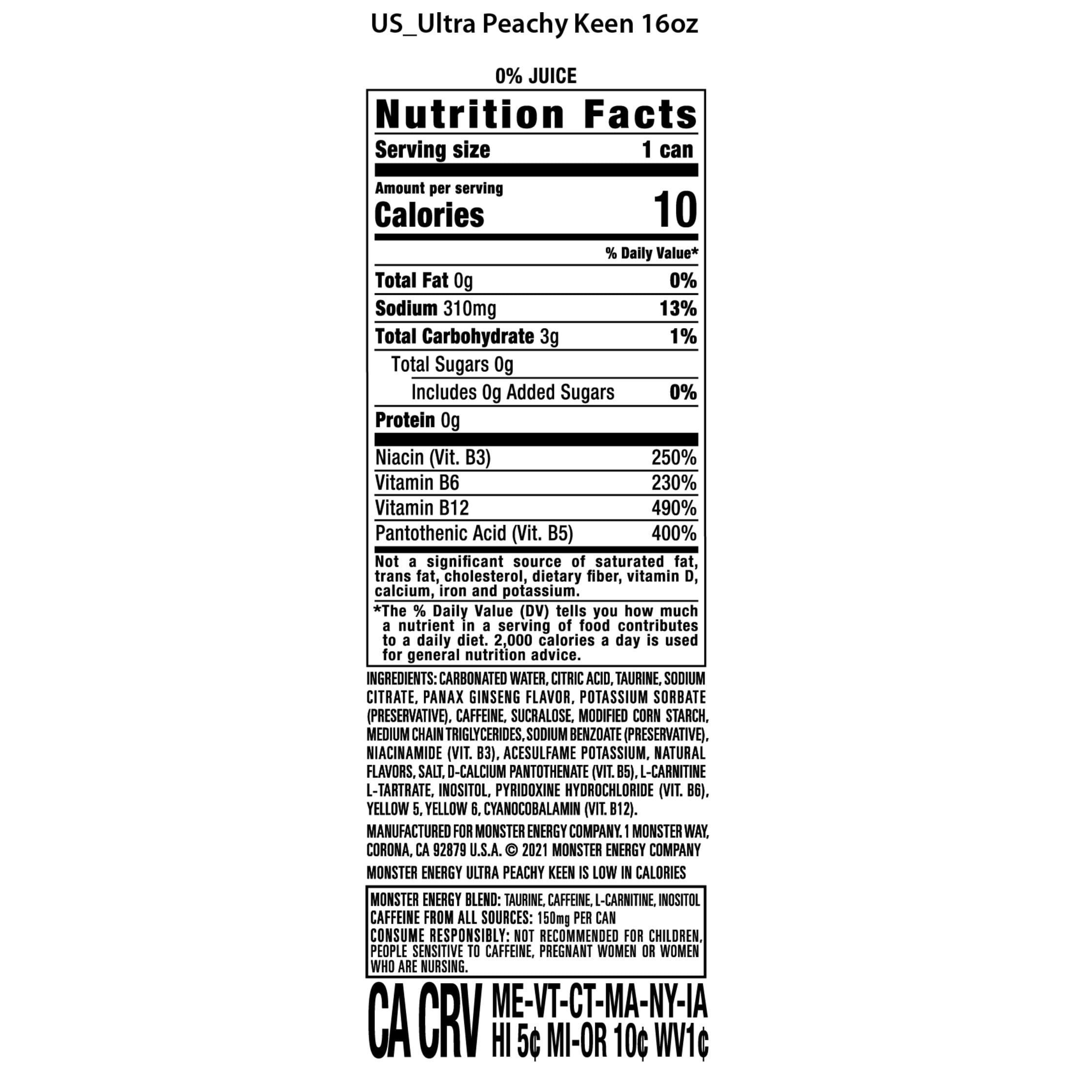Monster Energy, Ultra Peachy Keen, 16 fl oz-Pack Of 6