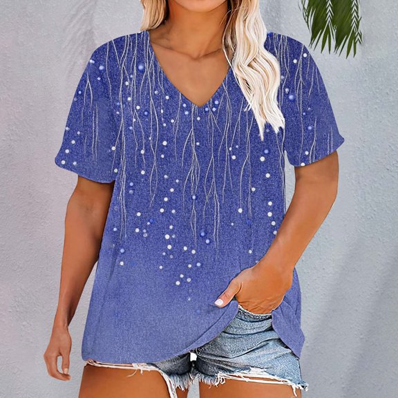 Blue Women's Short Sleeve T-shirt, Plus Size V Neck T Shirts Women Short Sleeve Tops Casual Summer Tshirts Loose Fit Tee,Women's Short sleeve T-shirt L