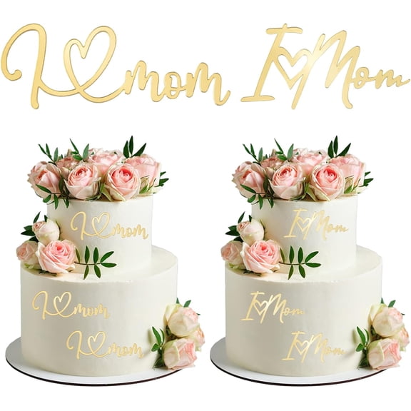 Mother's Day Cake Topper, 20Pcs Gloden Mirror I Love Mom Cake Picks Acrylic Mother's Day Theme Mom Birthday Party Cake Decor, 2 Style