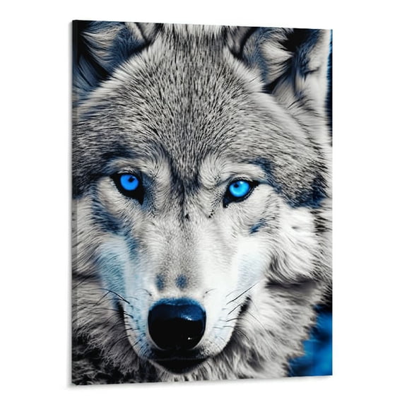 ONETECH Wildlife Animal Canvas Wall Art Black White Wolf with Blue Eyes Picture Giclee Prints Artwork Framed and Stretched Painting for Modern Home Living Room Office Bedroom Bathroom Decoration